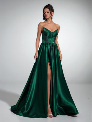 Vestido de Festa Verde Esmeralda Vestido de Festa Tomara que Caia com Fenda e Corset Giovana