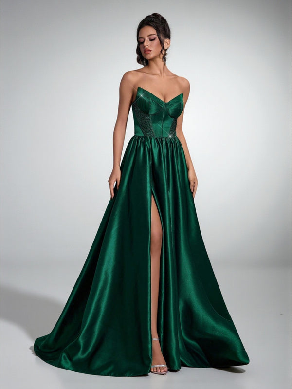 Vestido de Festa Verde Esmeralda Vestido de Festa Tomara que Caia com Fenda e Corset Giovana