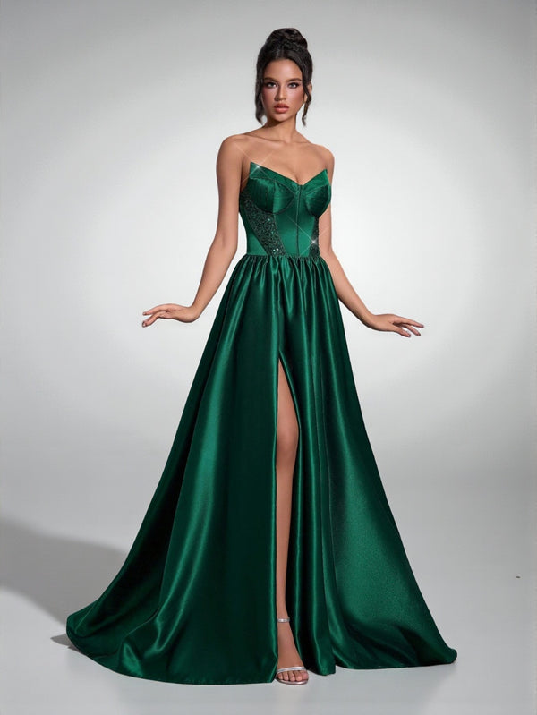 Vestido de Festa Verde Esmeralda Vestido de Festa Tomara que Caia com Fenda e Corset Giovana