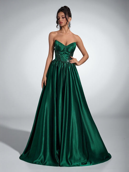 Vestido de Festa Verde Esmeralda Vestido de Festa Tomara que Caia com Fenda e Corset Giovana