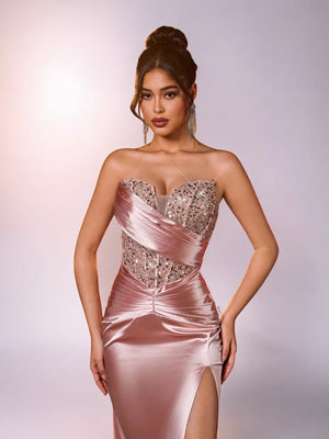 Vestido de Festa Rosa Vestido de Festa Longo Tomara que Caia Acetinado Paetê Lainer