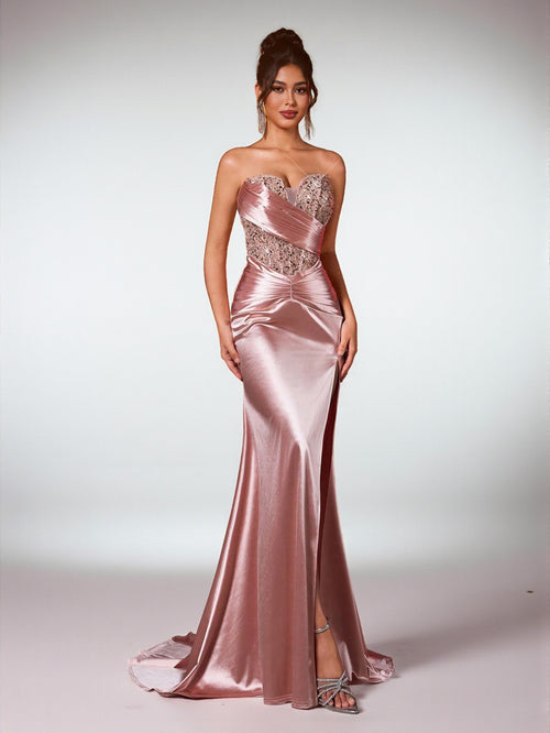 Vestido de Festa Rosa Vestido de Festa Longo Tomara que Caia Acetinado Paetê Lainer