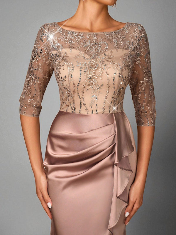 Vestido de Festa Longo com Renda e Manga 3/4 Viena