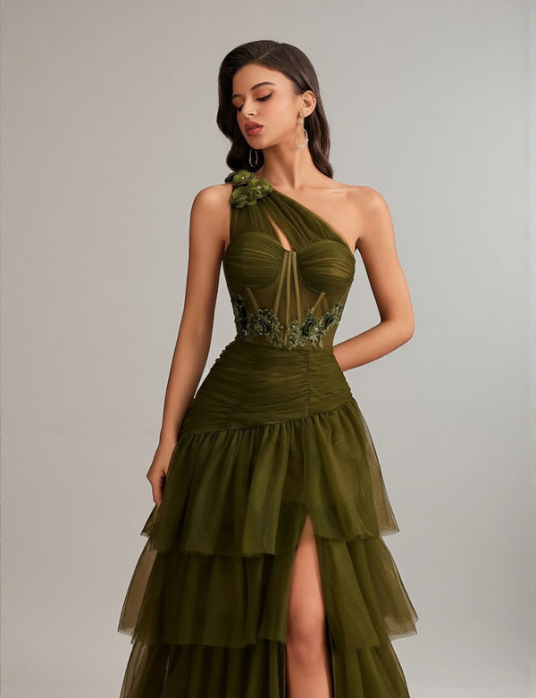 Vestido de Festa Verde Oliva Vestido de Festa Bordado Manga Única Camadas Valentina