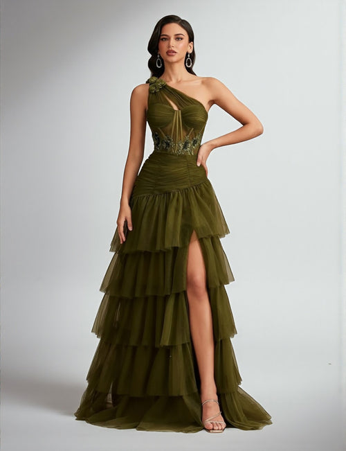 Vestido de Festa Verde Oliva Vestido de Festa Bordado Manga Única Camadas Valentina