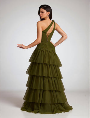 Vestido de Festa Verde Oliva Vestido de Festa Bordado Manga Única Camadas Valentina