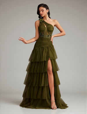 Vestido de Festa Verde Oliva Vestido de Festa Bordado Manga Única Camadas Valentina