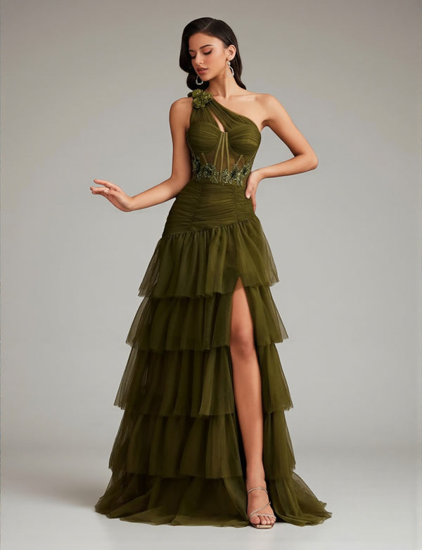 Vestido de Festa Verde Oliva Vestido de Festa Bordado Manga Única Camadas Valentina