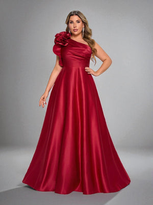 Marsala Vestido Longo de Festa Plus Size com Flor no Ombro