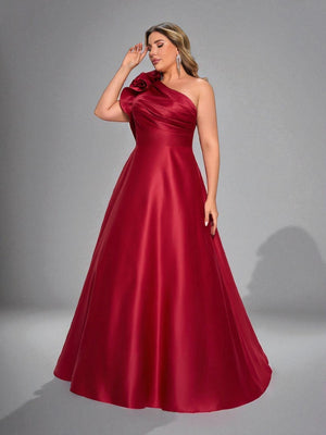 Marsala Vestido Longo de Festa Plus Size com Flor no Ombro