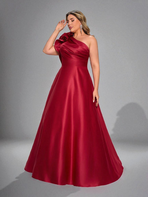 Marsala Vestido Longo de Festa Plus Size com Flor no Ombro