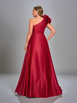 Marsala Vestido Longo de Festa Plus Size com Flor no Ombro