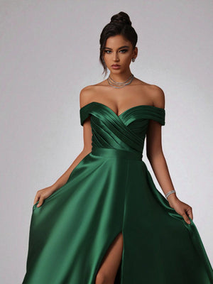 Vestido de Festa Verde Esmeralda Vestido de Festa Longo Ombro a Ombro Zibeline Petra