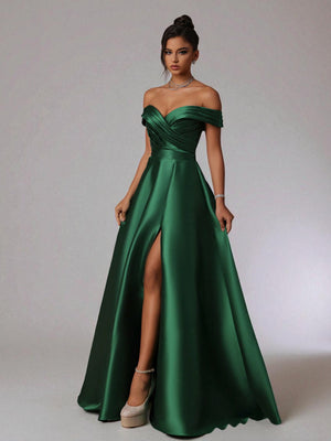 Vestido de Festa Verde Esmeralda Vestido de Festa Longo Ombro a Ombro Zibeline Petra