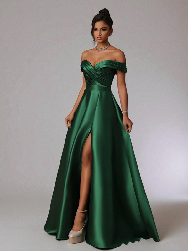 Vestido de Festa Verde Esmeralda Vestido de Festa Longo Ombro a Ombro Zibeline Petra