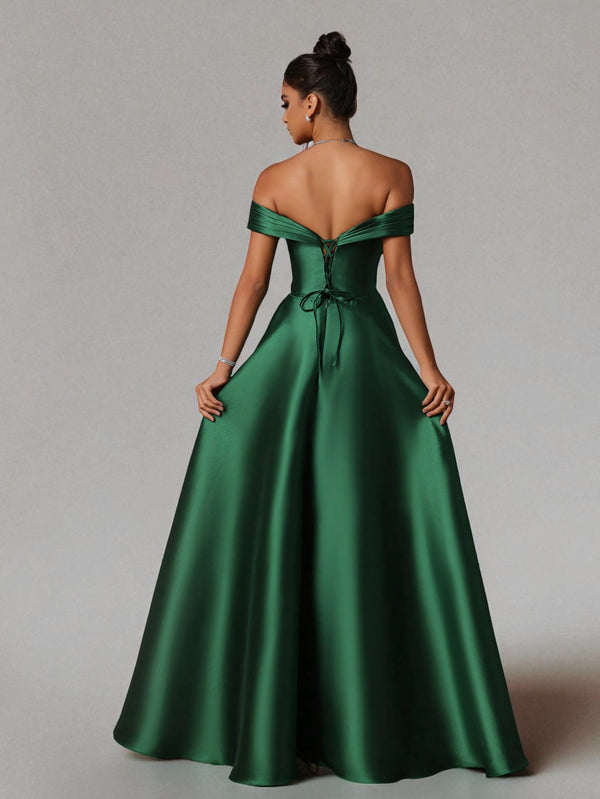 Vestido de Festa Verde Esmeralda Vestido de Festa Longo Ombro a Ombro Zibeline Petra