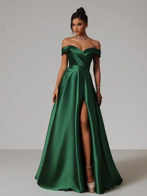 Vestido de Festa Verde Esmeralda Vestido de Festa Longo Ombro a Ombro Zibeline Petra