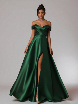 Vestido de Festa Verde Esmeralda Vestido de Festa Longo Ombro a Ombro Zibeline Petra