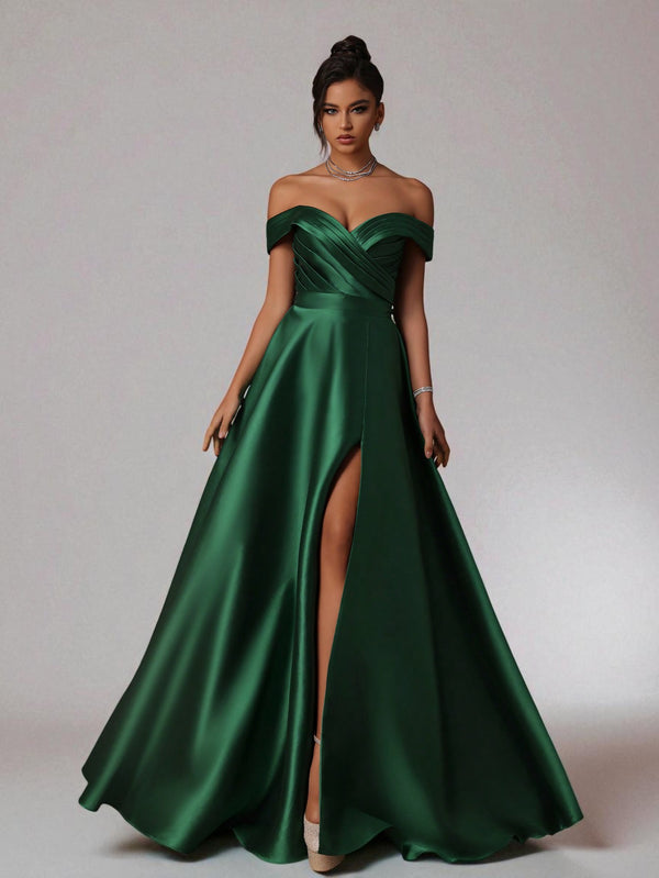 Vestido de Festa Verde Esmeralda Vestido de Festa Longo Ombro a Ombro Zibeline Petra