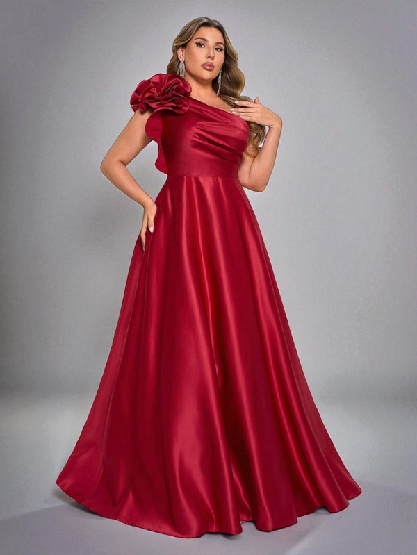 Marsala Vestido Longo de Festa Plus Size com Flor no Ombro