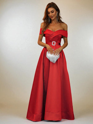 Vestido de Festa Vermelho Vestido de Festa Longo Zibeline Ombro a Ombro com Cinto Bellinda