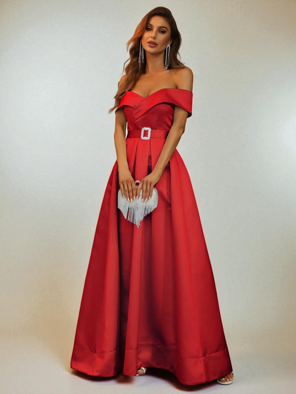 Vestido de Festa Vermelho Vestido de Festa Longo Zibeline Ombro a Ombro com Cinto Bellinda