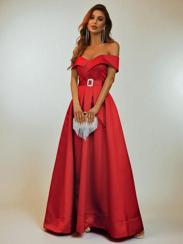 Vestido de Festa Vermelho Vestido de Festa Longo Zibeline Ombro a Ombro com Cinto Bellinda