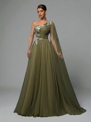 Vestido de Festa Longo Manga Única Capa Bordado Boston