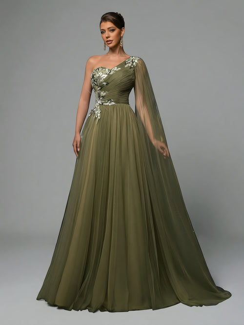 Vestido de Festa Longo Manga Única Capa Bordado Boston