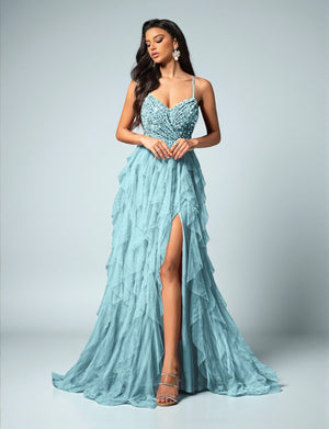 Vestido de Festa Azul Serenity Vestido de Festa Camadas Cascata Paetê Paty