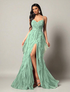 Vestido de Festa Verde Menta Vestido de Festa Camadas Cascata Paetê Paty