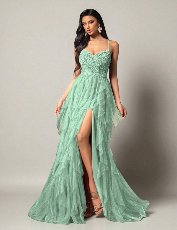 Vestido de Festa Verde Menta Vestido de Festa Camadas Cascata Paetê Paty