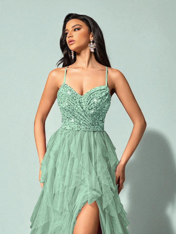 Vestido de Festa Verde Menta Vestido de Festa Camadas Cascata Paetê Paty