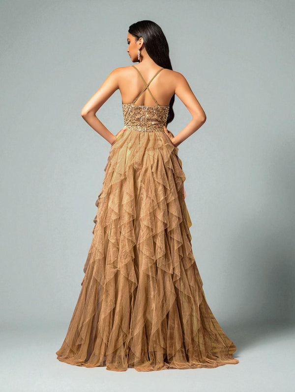 Vestido de Festa Dourado Vestido de Festa Camadas Cascata Paetê Paty