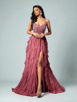 Vestido de Festa Rosa Canela Vestido de Festa Camadas Cascata Paetê Paty