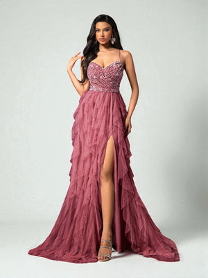 Vestido de Festa Rosa Canela Vestido de Festa Camadas Cascata Paetê Paty