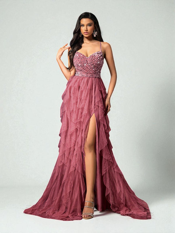 Vestido de Festa Rosa Canela Vestido de Festa Camadas Cascata Paetê Paty