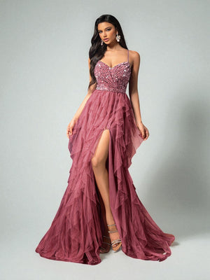 Vestido de Festa Rosa Canela Vestido de Festa Camadas Cascata Paetê Paty