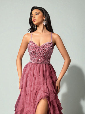 Vestido de Festa Rosa Canela Vestido de Festa Camadas Cascata Paetê Paty