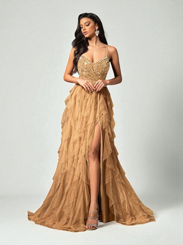 Vestido de Festa Dourado Vestido de Festa Camadas Cascata Paetê Paty