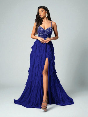 Vestido de Festa Azul Vestido de Festa Camadas Cascata Paetê Paty