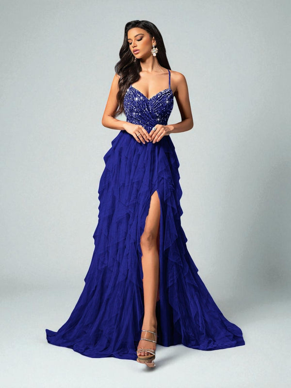 Vestido de Festa Azul Vestido de Festa Camadas Cascata Paetê Paty