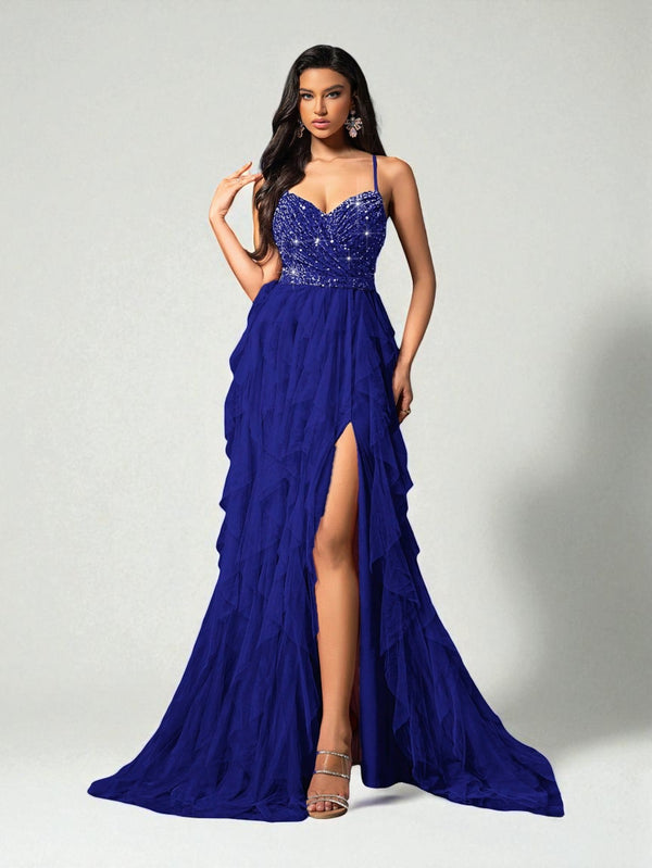 Vestido de Festa Azul Vestido de Festa Camadas Cascata Paetê Paty