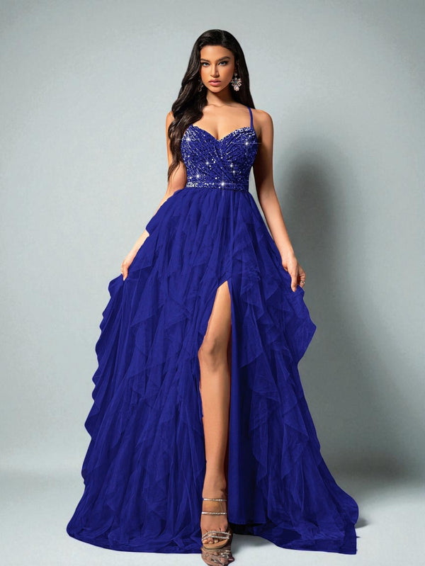 Vestido de Festa Azul Vestido de Festa Camadas Cascata Paetê Paty