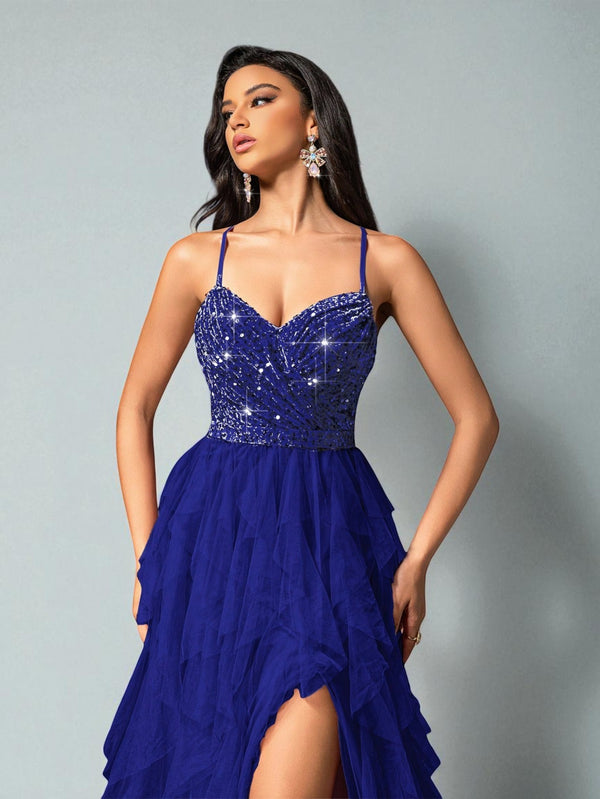 Vestido de Festa Azul Vestido de Festa Camadas Cascata Paetê Paty