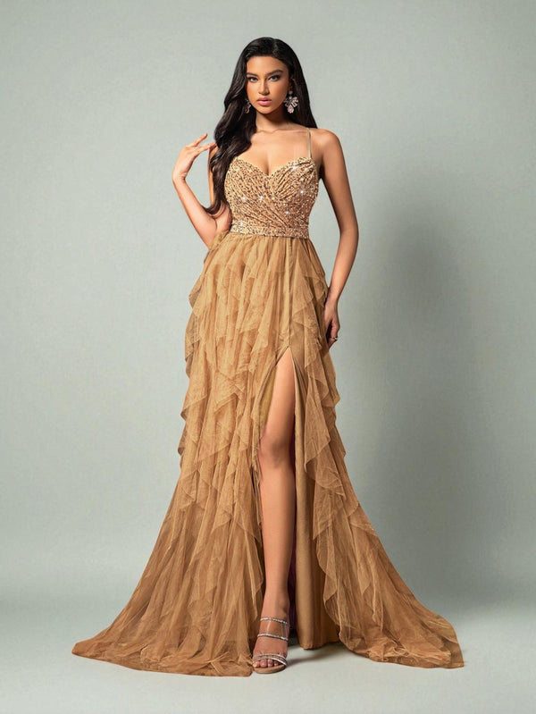 Vestido de Festa Dourado Vestido de Festa Camadas Cascata Paetê Paty