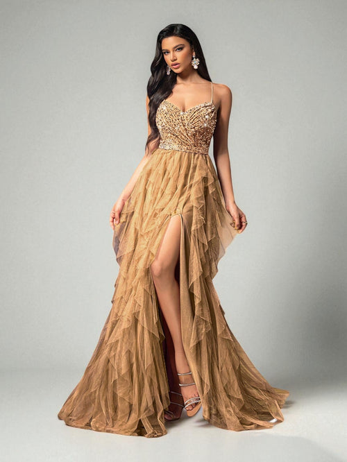 Vestido de Festa Dourado Vestido de Festa Camadas Cascata Paetê Paty