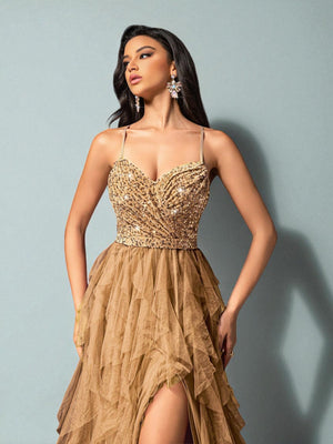 Vestido de Festa Dourado Vestido de Festa Camadas Cascata Paetê Paty