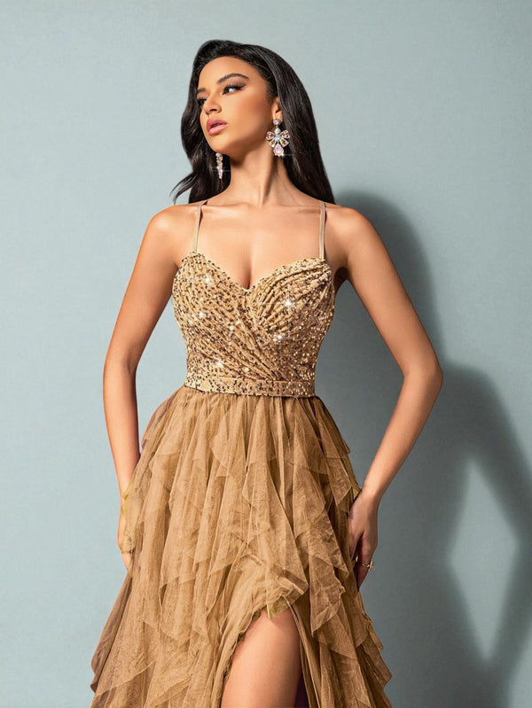 Vestido de Festa Dourado Vestido de Festa Camadas Cascata Paetê Paty