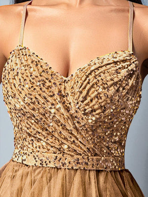 Vestido de Festa Dourado Vestido de Festa Camadas Cascata Paetê Paty